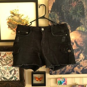 Lightly Distressed Black High-Waisted Shorts